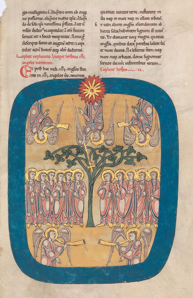 Leaf from a Beatus Manuscript: Angels Restrain the Four Winds; the Angel Ascends from the Rising Sun