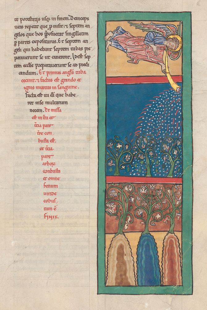 Leaf from a Beatus Manuscript: the First Angel Sounds the Trumpet; Fire, Hail-stones, and Blood are Cast Upon the Earth