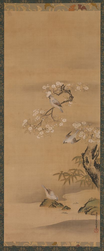 Waxwings, Cherry Blossoms, and Bamboo