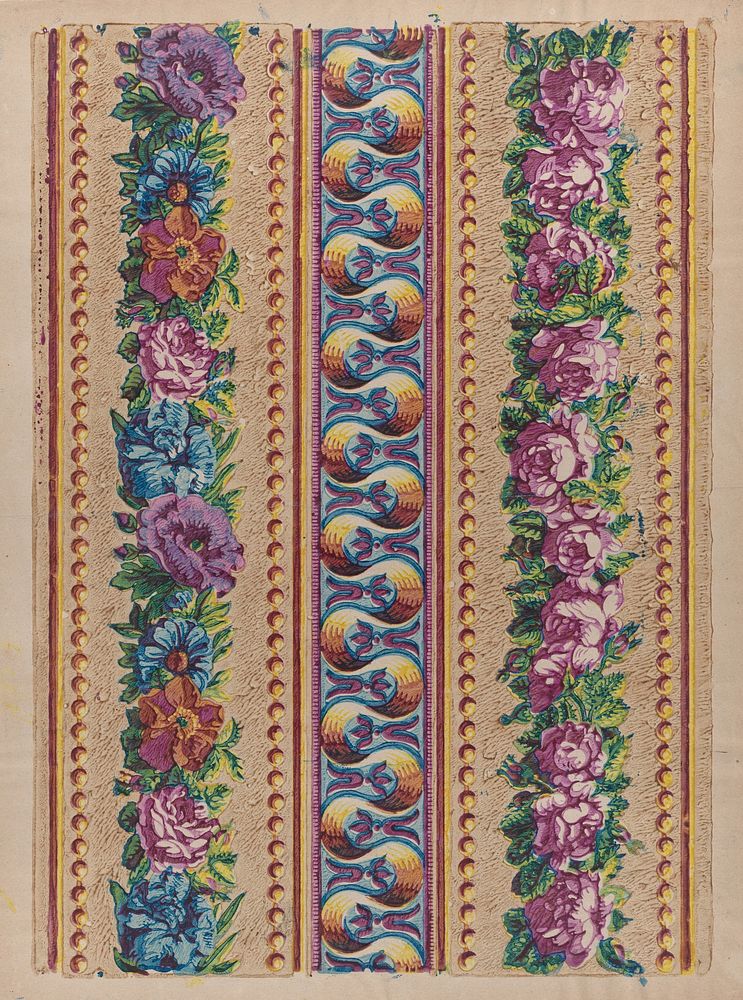 Sheet with a border with pink and multicolor floral garlands