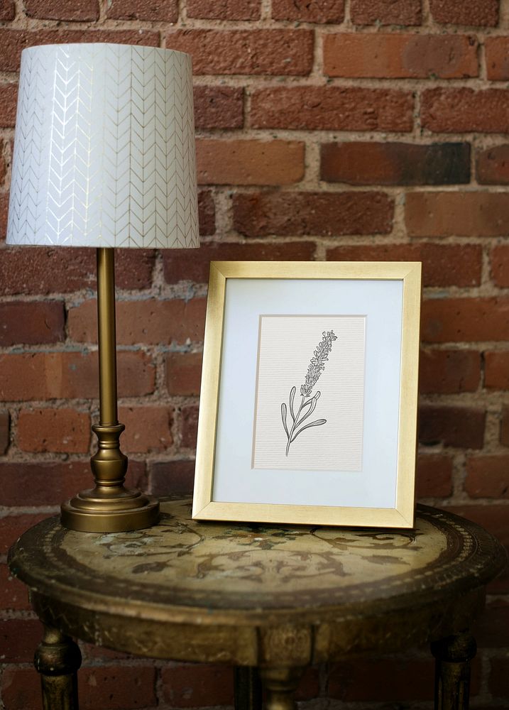 Vintage home interior, brass lamp in brick wall room