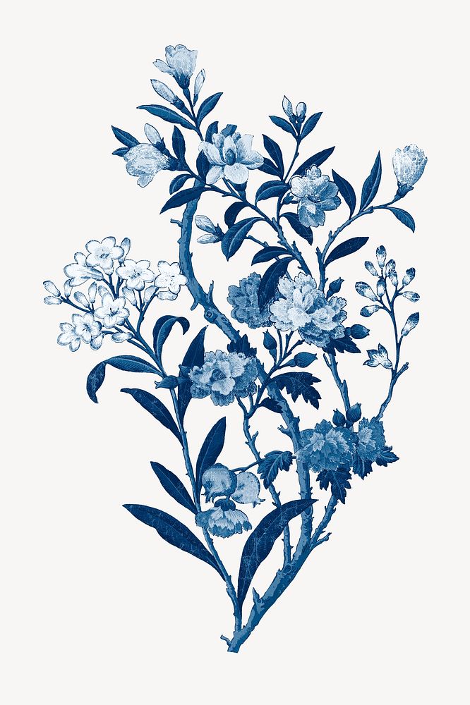 Vintage flower peony branch, blue, monochromatic psd