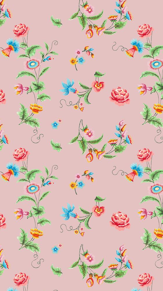 Vintage flower pattern iPhone wallpaper, pink background