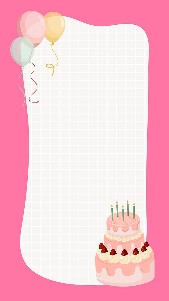 Birthday iPhone wallpaper, pink border frame notepaper balloon illustration