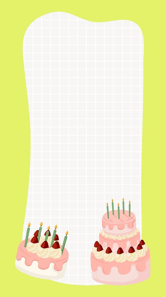 Birthday cake iPhone wallpaper, green border frame notepaper, celebration illustration