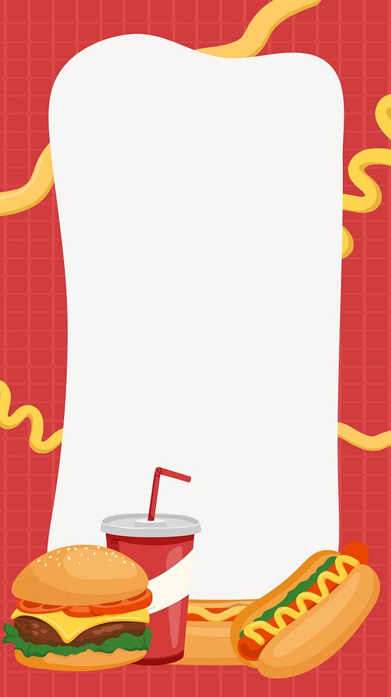 Fast food iPhone wallpaper, red border frame burger hotdog cola illustration