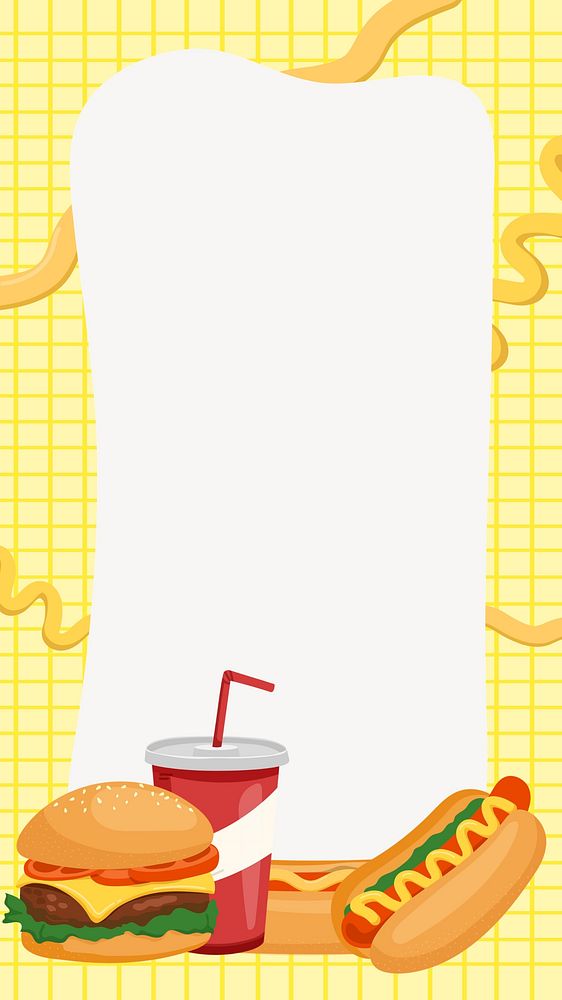 Fast food menu iPhone wallpaper, yellow border frame notepaper restaurant illustration