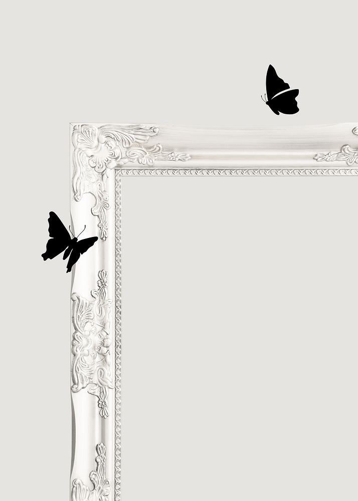 White ornate frame background, vintage butterfly aesthetic