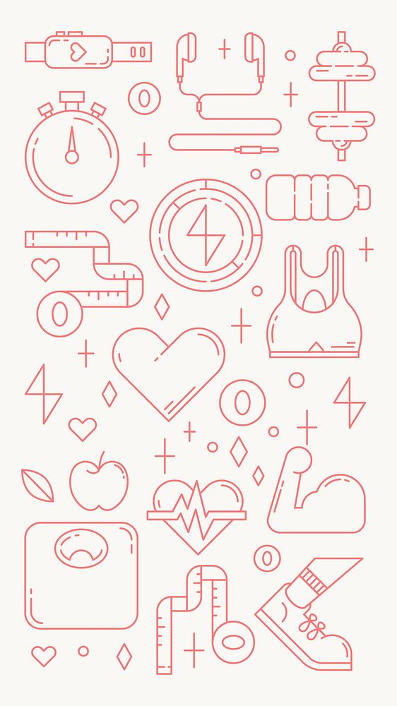 Fitness, health & wellness icons, pink line art collection