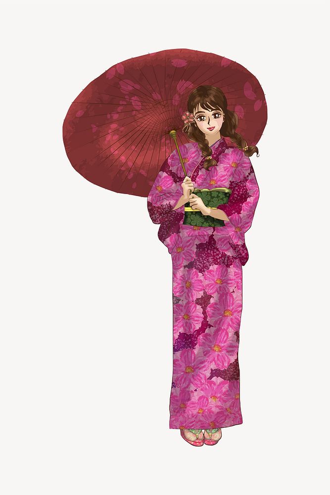 Girl in floral kimono collage element vector