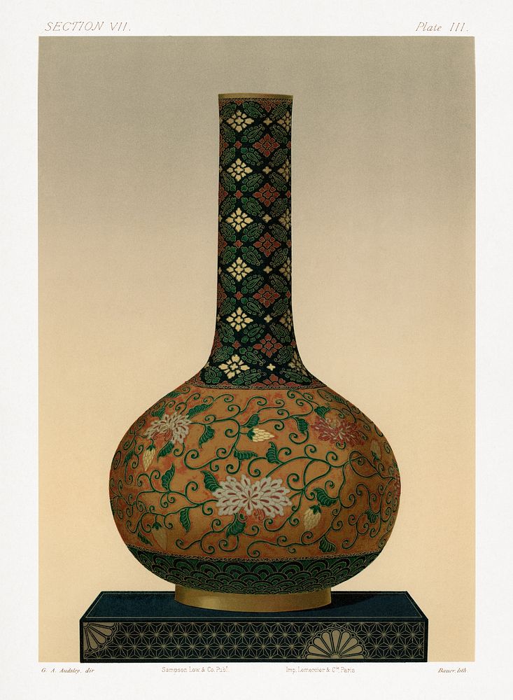 Painting of Japanese vase from section VII plate III. by G.A. Audsley-Japanese sculpture. Public domain image from our own…