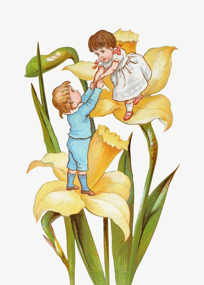 Vintage kids on daffodil flower chromolithograph art psd. Remixed by rawpixel. 