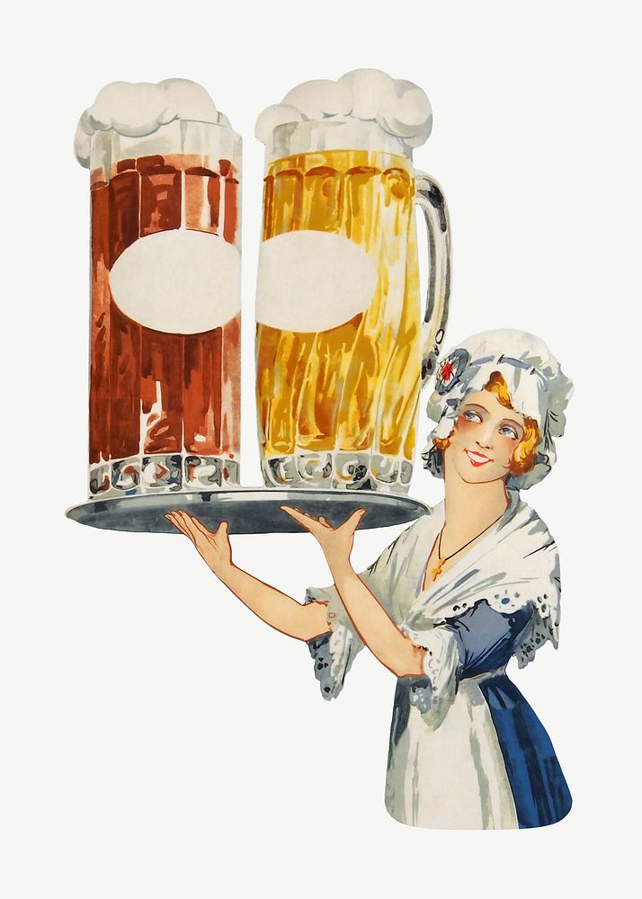 Vintage woman serving beers chromolithograph art psd. Remixed by rawpixel. 