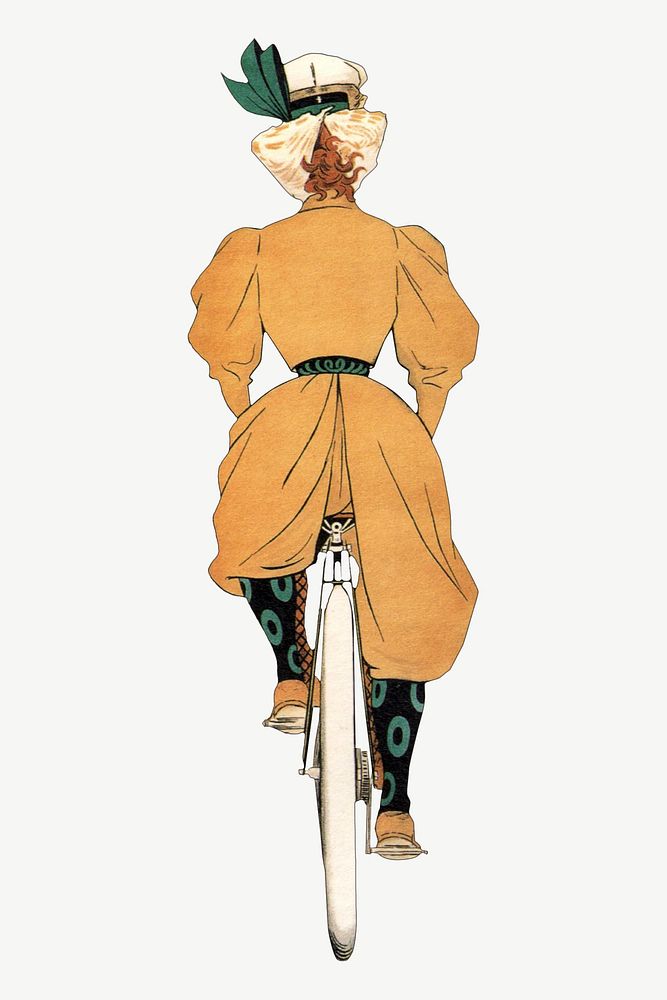 Vintage woman riding bicycle chromolithograph art psd. Remixed by rawpixel. 