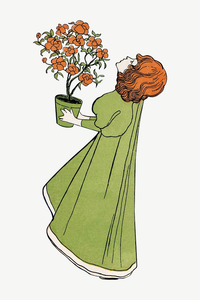 Vintage girl holding plant chromolithograph art psd. Remixed by rawpixel. 