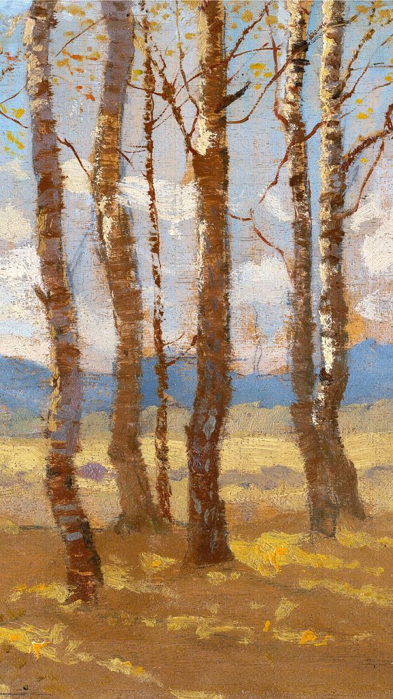 Birches in autumn iPhone wallpaper, aesthetic nature painting by Ferdinand Katona. Remixed by rawpixel.