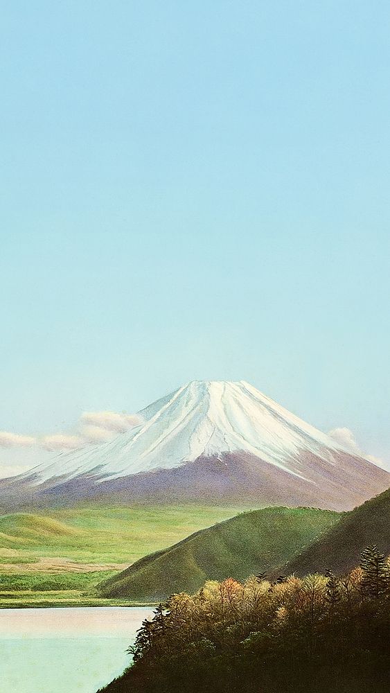 Mount Fuji iPhone wallpaper, vintage Japanese illustration. Remixed by rawpixel.