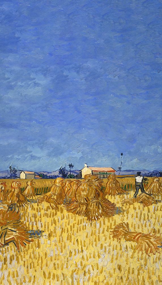 Van Gogh's farm iPhone wallpaper, Harvest in Provence painting. Remixed by rawpixel.