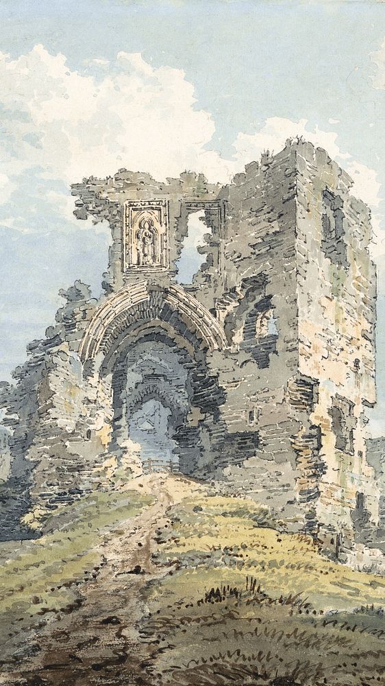 Denbigh Castle iPhone wallpaper, vintage architecture illustration by Thomas Girtin. Remixed by rawpixel.