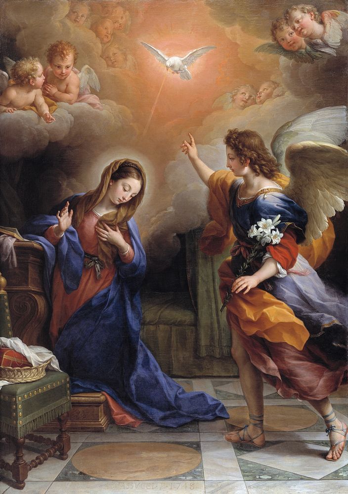 Mary's Annunciation (1748), vintage religion illustration by Agostino Masucci. Original public domain image from The Statens…