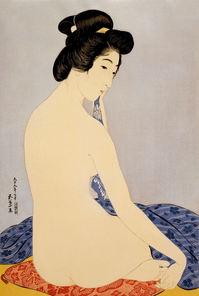 Goyo Hashiguchi's Woman after bath (the model Tomi after bath) (1920), Japanese traditional illustration. Original public…