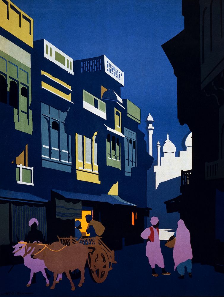 A street by moonlight. Visit India. Apply: India State Railways Bureau. 38 East 57th Street, New York. Travel Poster shows a…