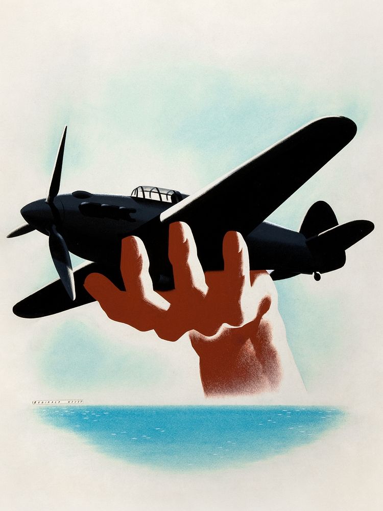 Aeroplane in hand, with wrist emerging from sea horizon (1939-1946), vintage illustration by Reginald Mount.  Original…