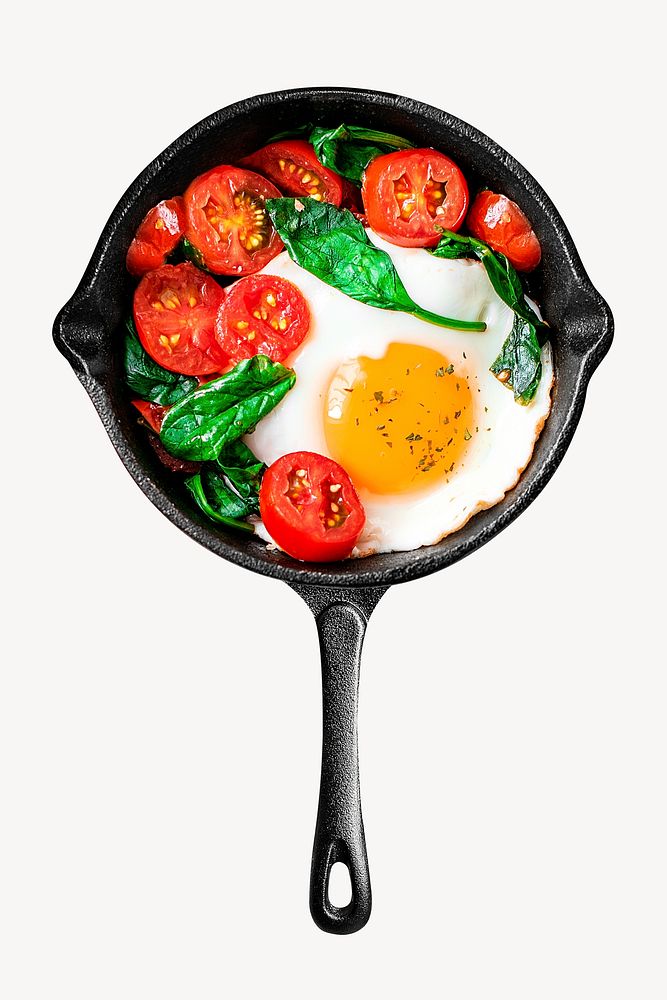 Freshly cooked egg and tomatoes in a pan collage element psd