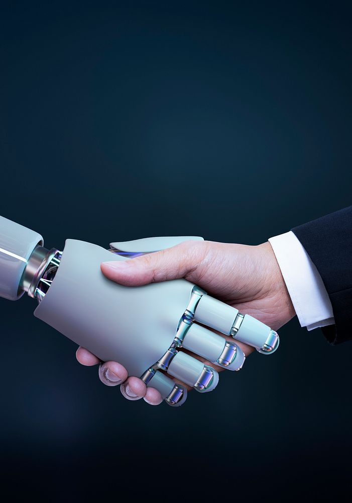 Digital business agreement, handshake, robot, man