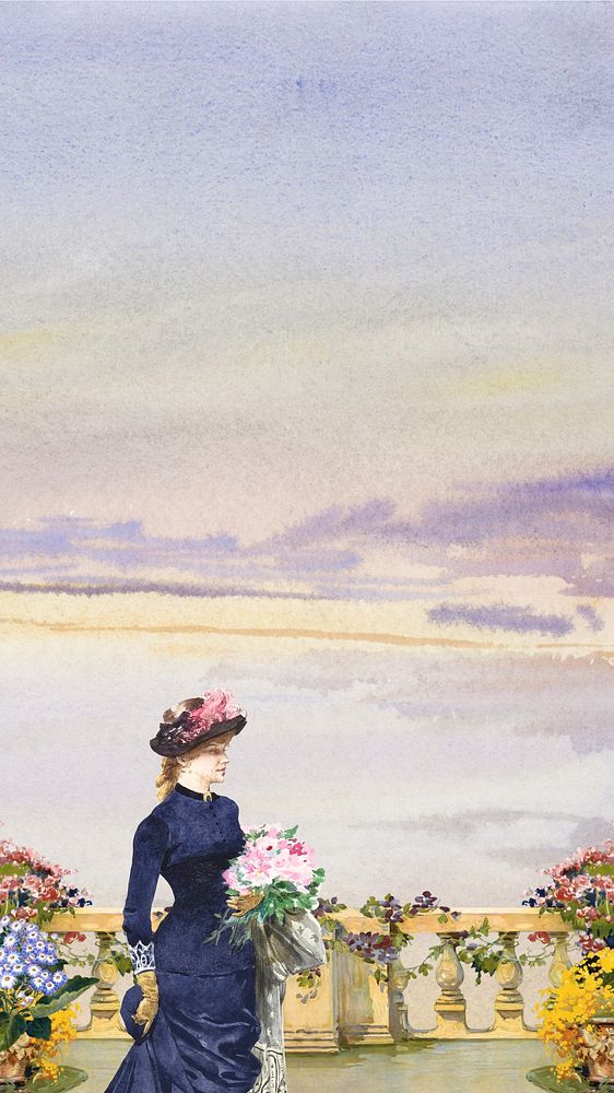Watercolor woman & bouquet mobile wallpaper. Remixed by rawpixel.
