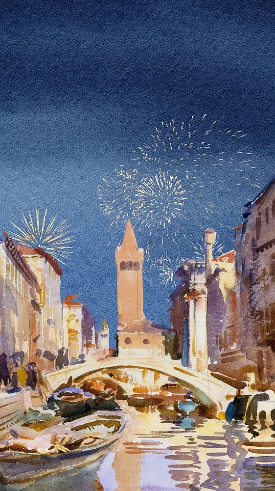 Watercolor festive Venice, Italy mobile wallpaper. Remixed by rawpixel.