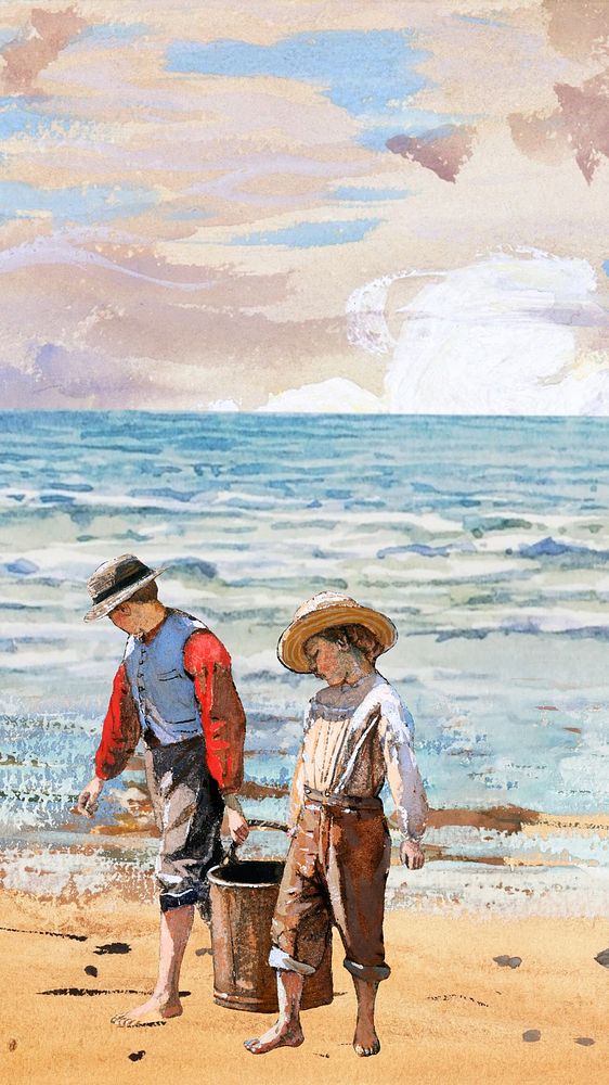 Boys at beach mobile wallpaper, watercolor art. Remixed by rawpixel.