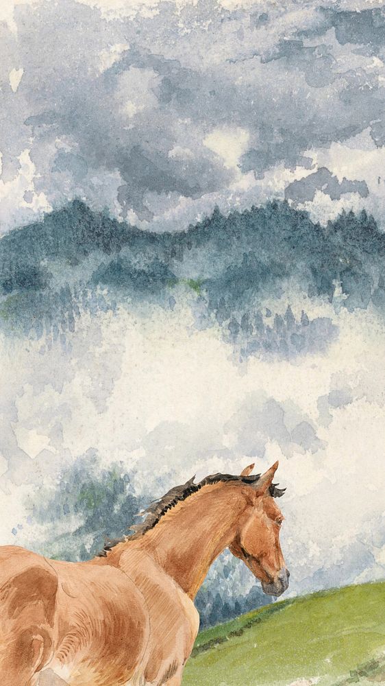 Watercolor wild  horse foal mobile wallpaper. Remixed by rawpixel.