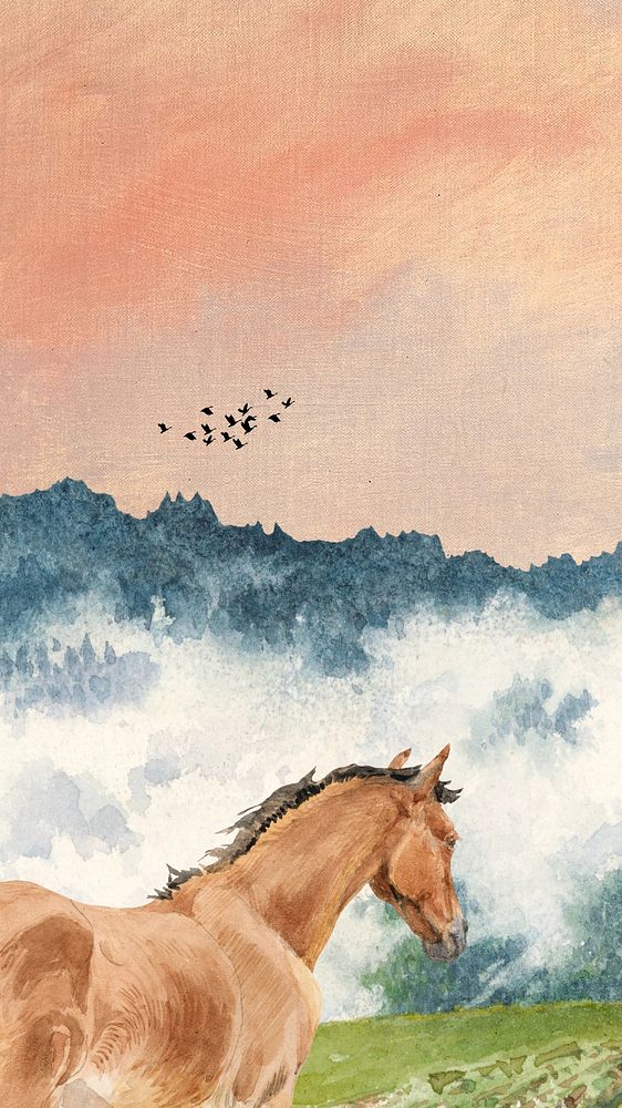 Wild horse watercolor mobile wallpaper. Remixed by rawpixel.