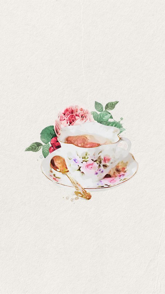 Floral teacup watercolor  mobile wallpaper. Remixed by rawpixel.