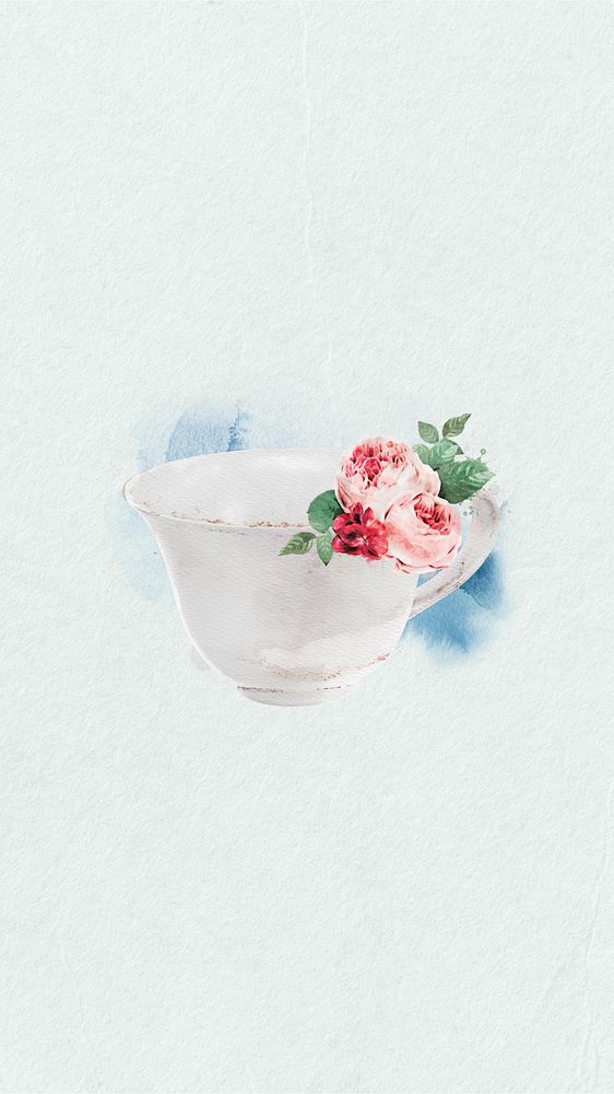 Floral teacup watercolor  mobile wallpaper. Remixed by rawpixel.