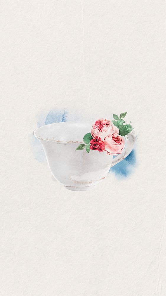 Watercolor floral teacup  mobile wallpaper. Remixed by rawpixel.