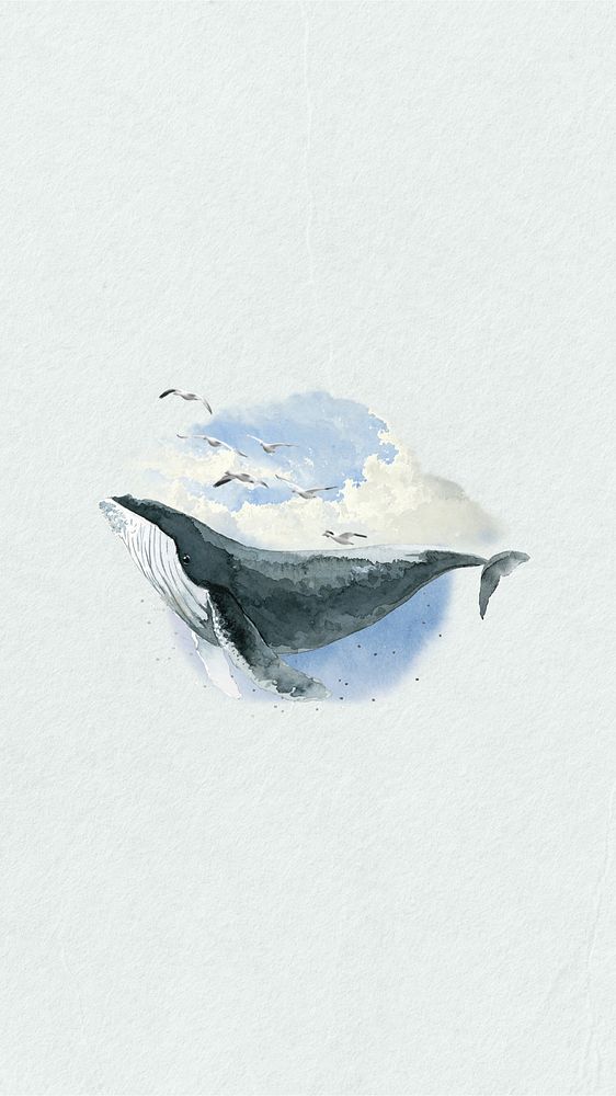 Watercolor humpback whale mobile wallpaper, environment collage element. Remixed by rawpixel.