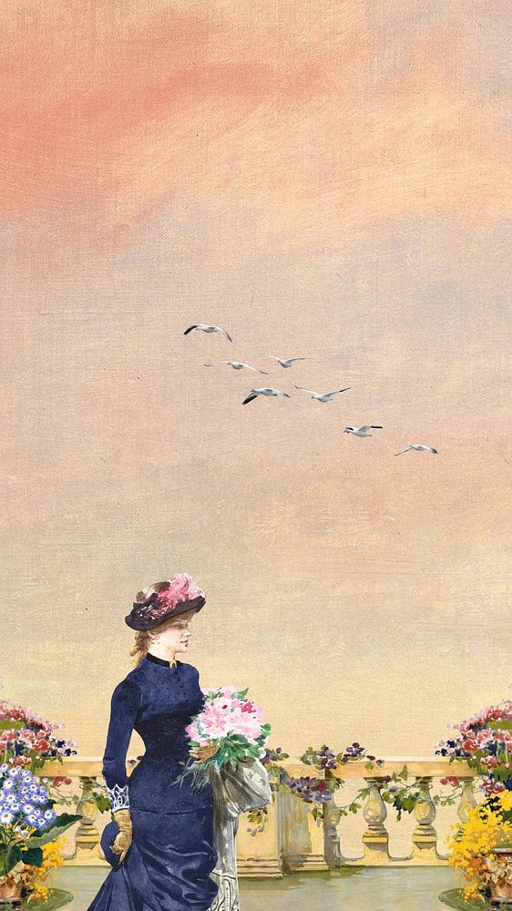 Watercolor woman & bouquet mobile wallpaper. Remixed by rawpixel.