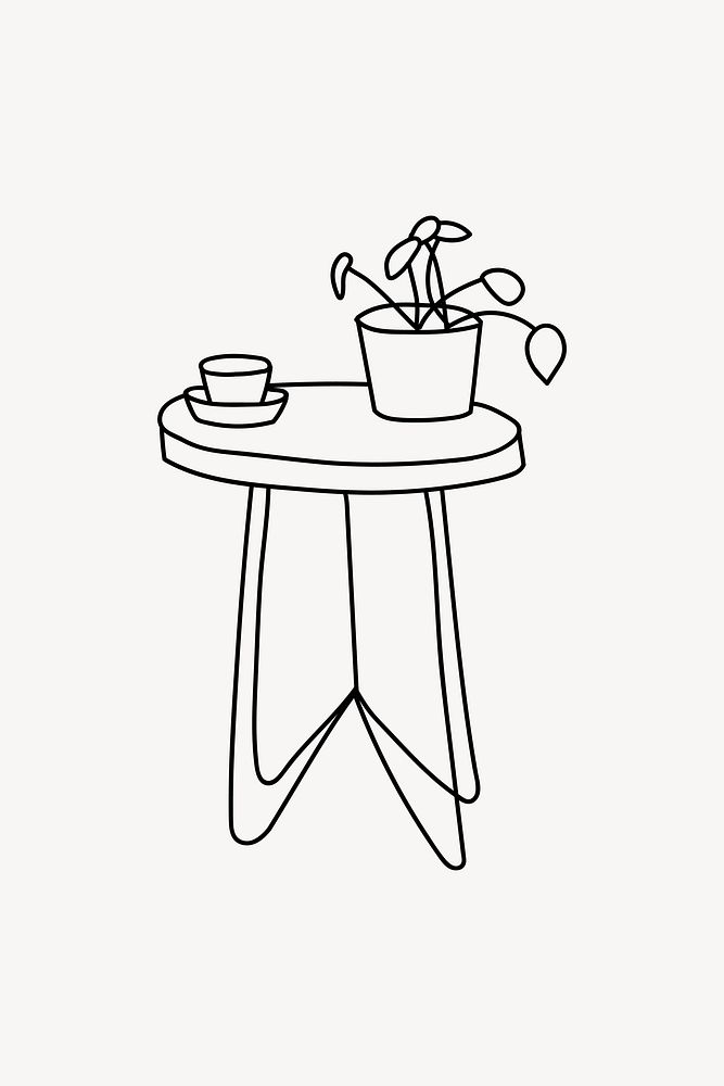 Side table with houseplant line art illustration