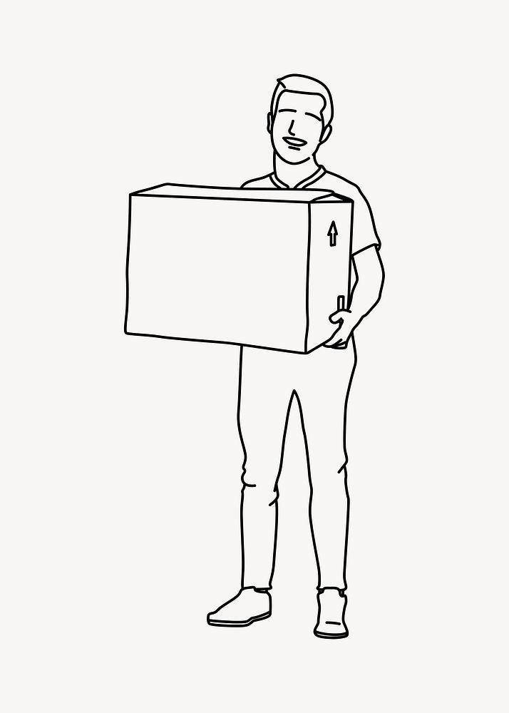 Man carrying moving box line art illustration vector