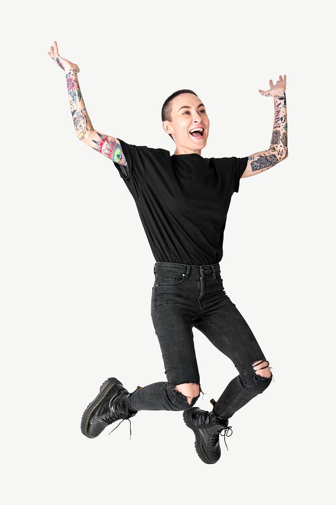 Tattooed woman wearing black t-shirt jeans jumping collage element psd