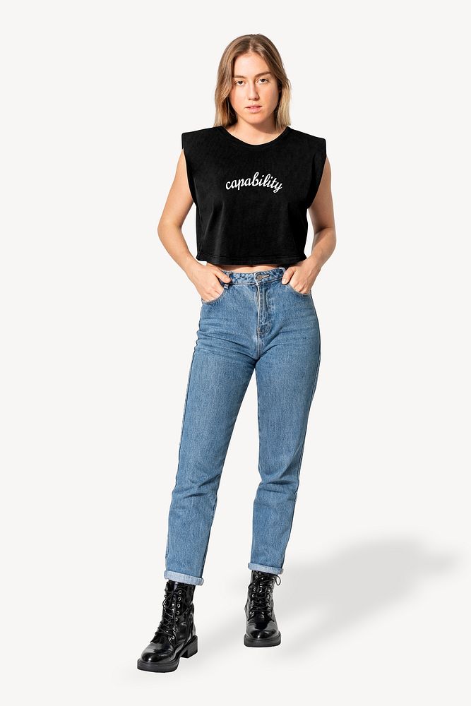 Cropped tee & jeans mockup, editable fashion psd