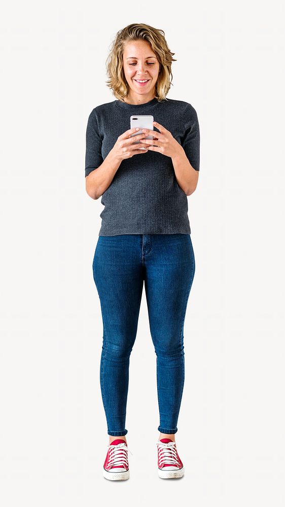 Woman using phone isolated image on white