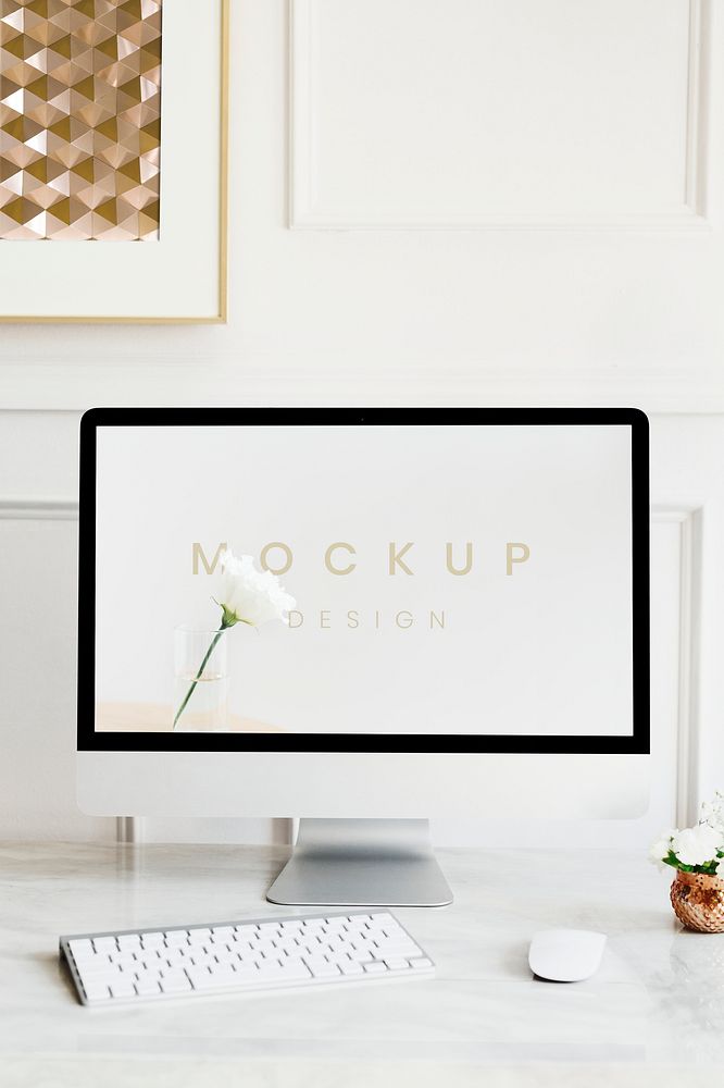 Computer screen mockup in a minimal design office