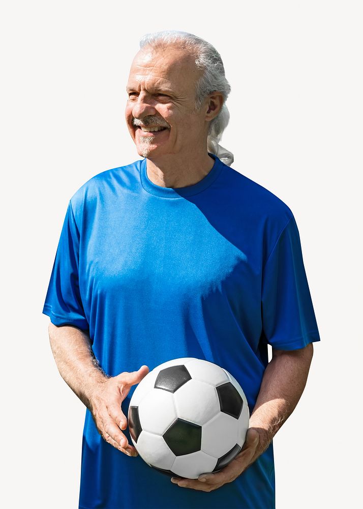Mature man holding a football isolated image