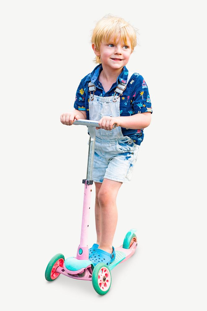 Boy riding scooter cute kid psd