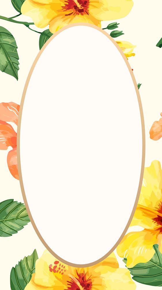 Floral oval frame mobile wallpaper, yellow hibiscus digital paint