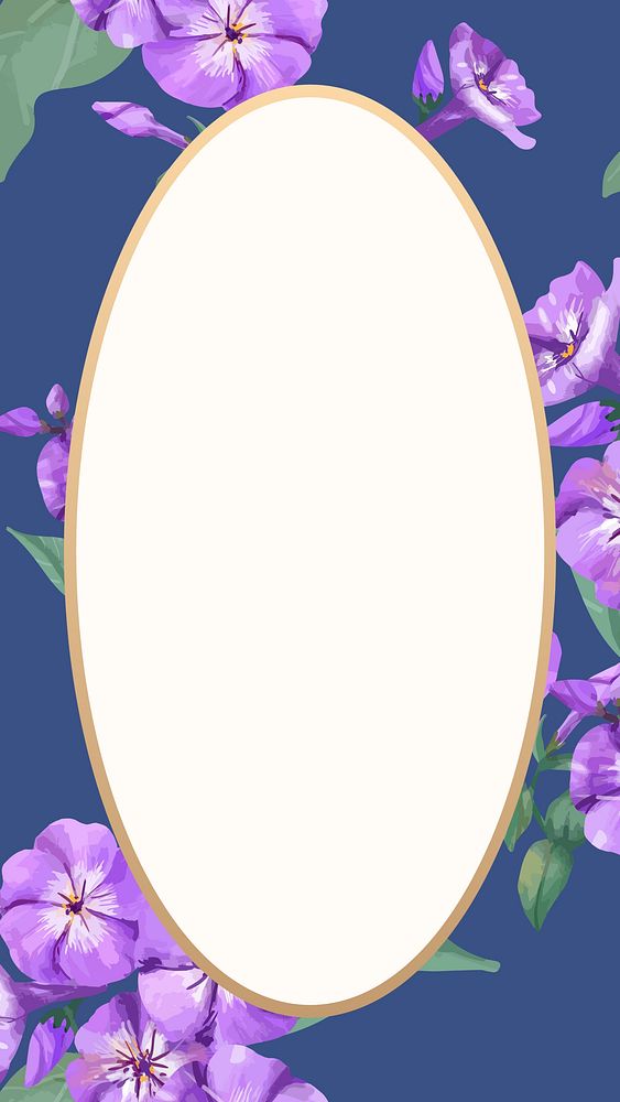 Floral oval frame mobile wallpaper, purple phlox digital paint