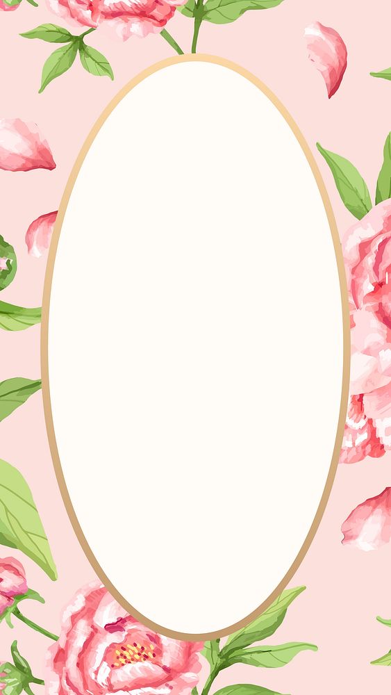 Floral oval frame mobile wallpaper, pink peony digital paint